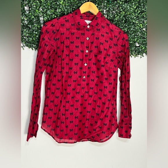 J. Crew Tops - J. Crew Silk Cotton Popover in Bows Professional Holiday Red Top Blouse Size 2